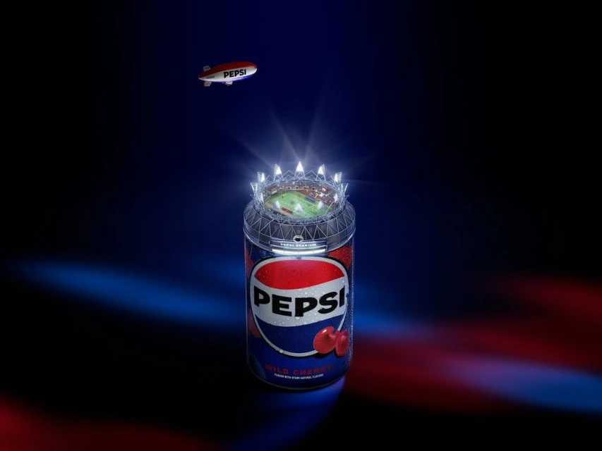 Pepsi Wild Cherry soda can rendered with stadium top and dirigible, set against a dark blue and red gradient background.