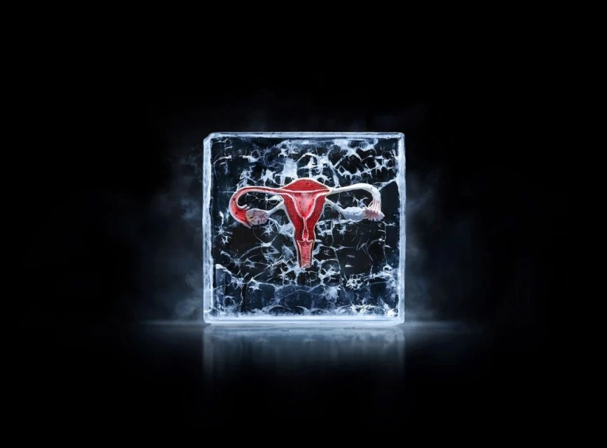 Uterus encased in cracked ice block on a black reflective surface with hazy vapor around the base and ice block, studio shot.