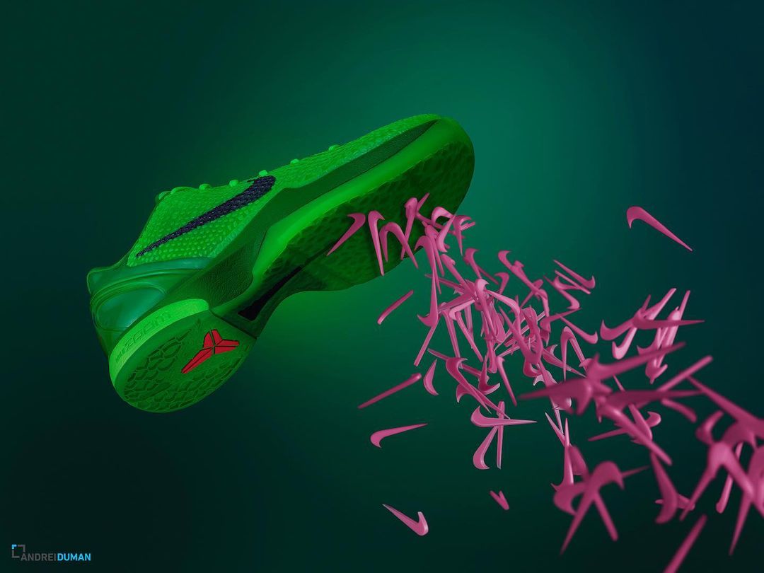 A green and black Nike Kobe basketball shoe hovers in mid-air with several pink Nike swoosh logos floating behind it.
