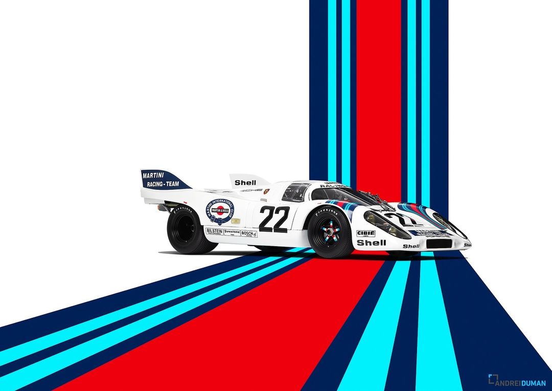 Martini Racing Porsche 917 race car, isolated on white, with red and blue Martini racing stripes and the number 22.