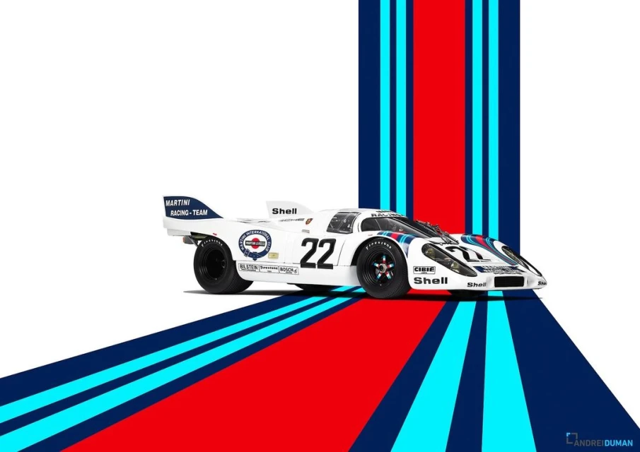 Martini Racing Porsche 917 race car, isolated on white, with red and blue Martini racing stripes and the number 22.
