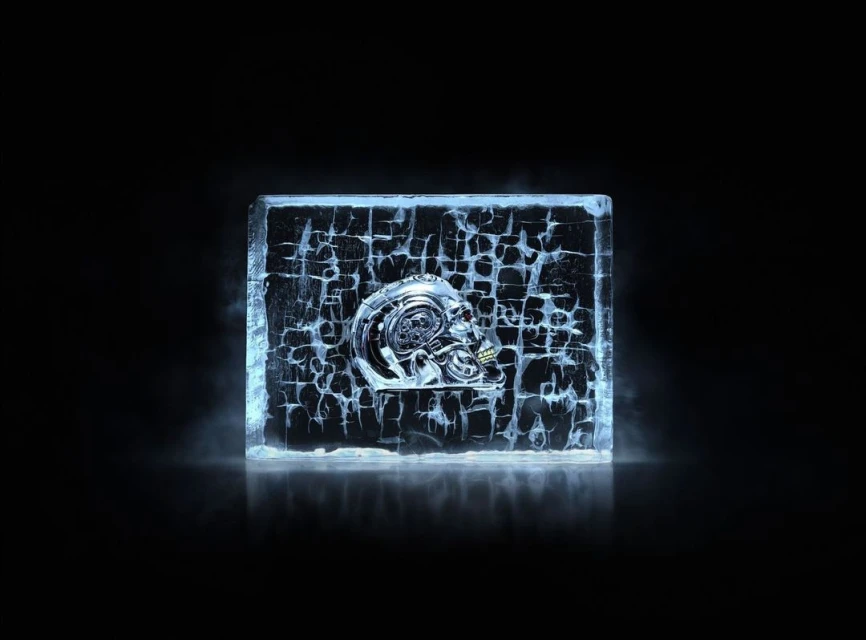 Shiny chrome skull inside cracked ice block on reflective black surface, creating a dark and edgy digital art piece.