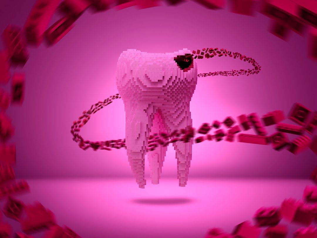 3D render of a pink voxel-style tooth with a dark cavity, surrounded by loose voxel blocks against a magenta gradient background.