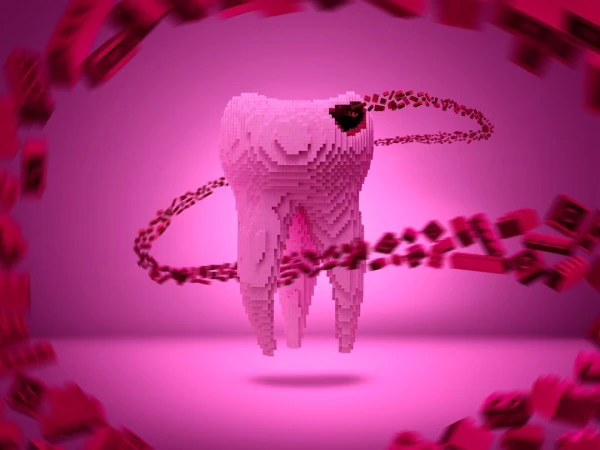 3D render of a pink voxel-style tooth with a dark cavity, surrounded by loose voxel blocks against a magenta gradient background.