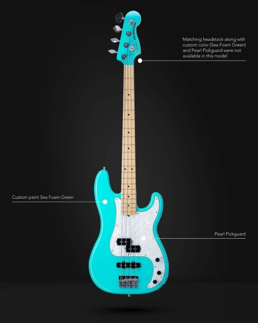 Seafoam green electric bass guitar against a dark gray background in a product studio shot. Features a maple neck and pearl pickguard.