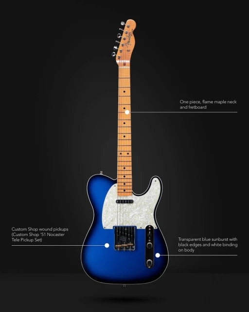 Electric guitar with a blue sunburst finish, maple neck, and pearloid pickguard on a dark background, showcasing instrument details.