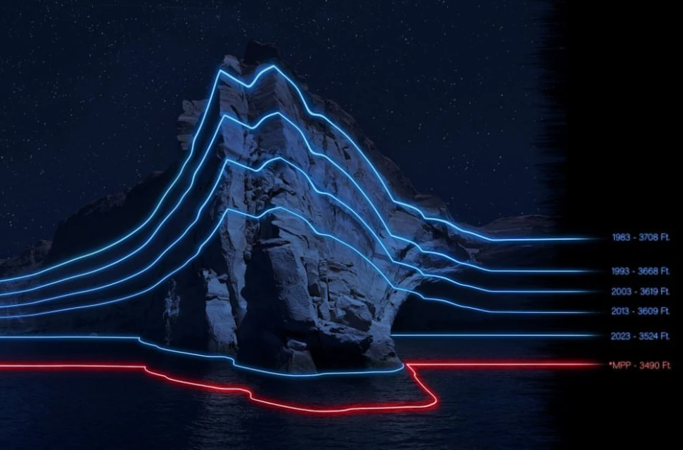 Image of a rocky coastal landscape with glowing blue and red lines indicating water levels and elevation changes against a starry night sky.