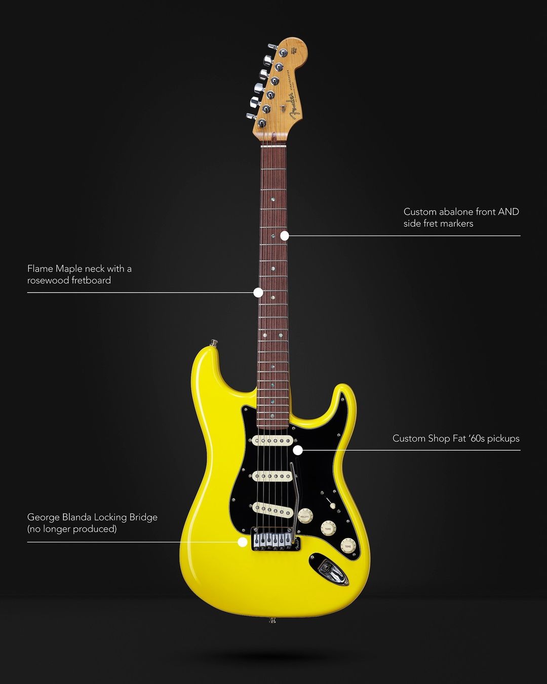 Bright yellow electric guitar with black pickguard in a product studio shot featuring its flame maple neck and custom hardware against a dark background.