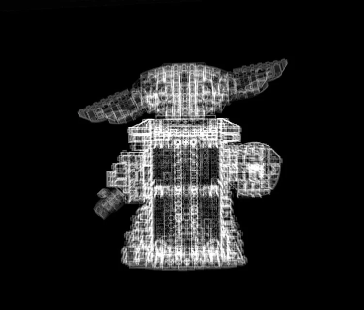 An x-ray-style image of a Lego Grogu figure, rendered in shades of white and gray against a stark black backdrop, with a see-through effect.