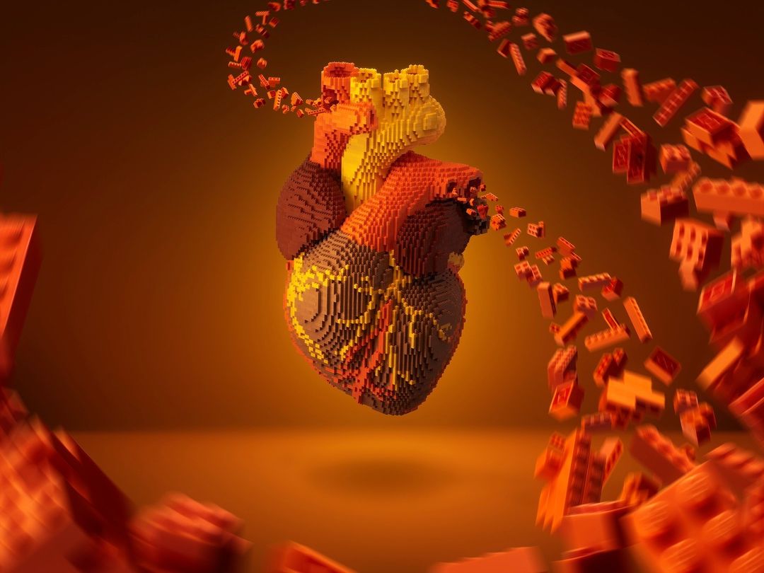 3D anatomical heart model crafted from red and yellow building blocks, set against a gradient orange background, with scattered blocks.