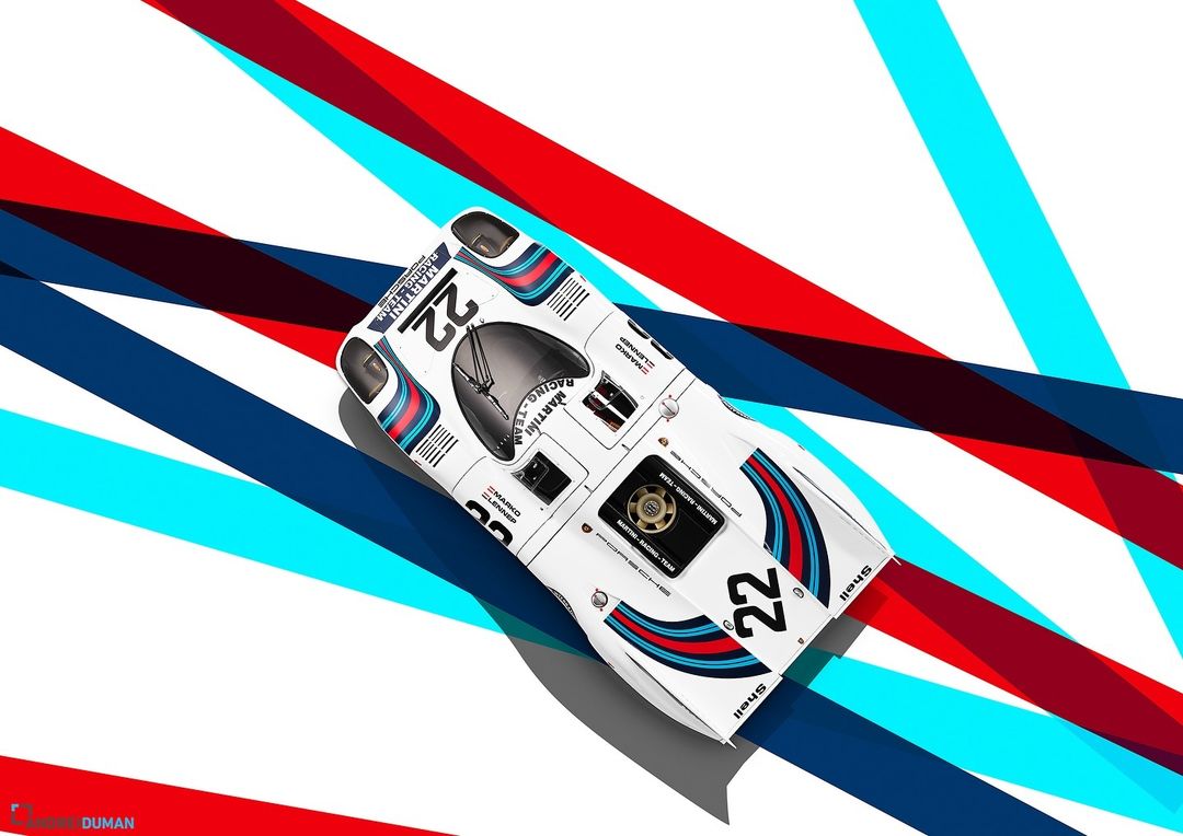 Overhead shot of a white race car with blue and red accents, number 22, and brand logos on a white background with stripes.