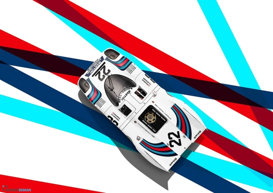 Overhead shot of a white race car with blue and red accents, number 22, and brand logos on a white background with stripes.
