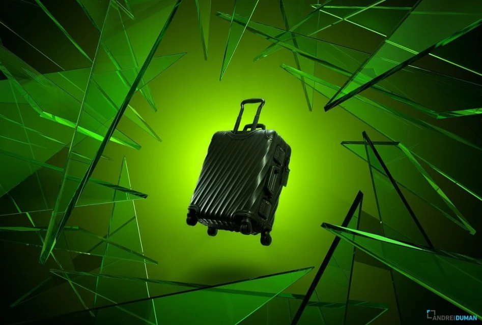 Isolated shot of black rolling suitcase amidst abstract green glass shards against green studio background. Travel and product advertising.