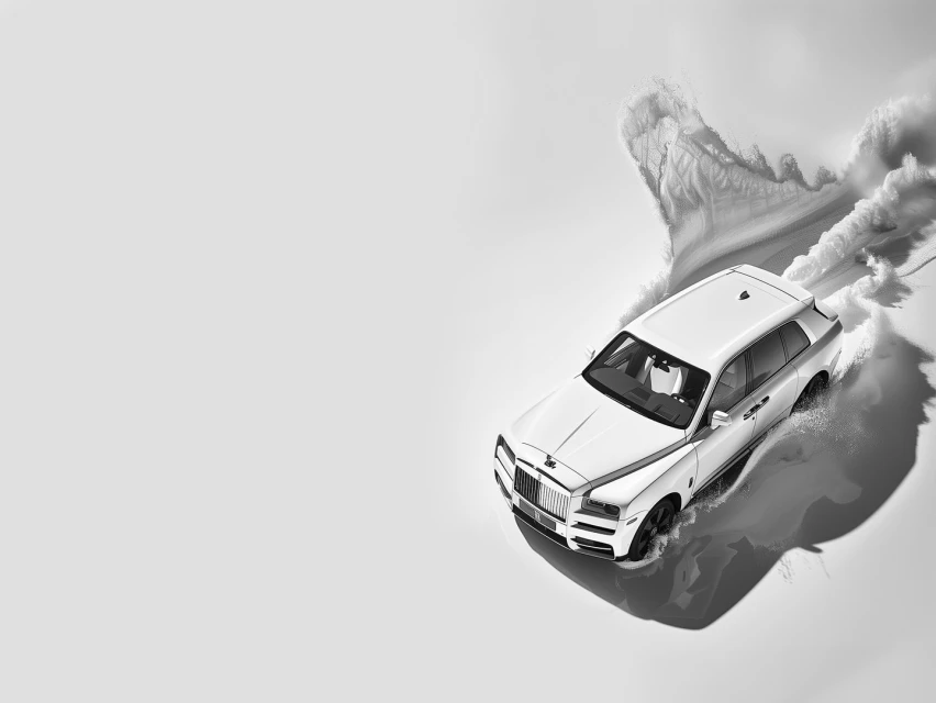 White Rolls-Royce Cullinan SUV driving through white snow, shot from above. The luxury vehicle splashes through a monochrome landscape.