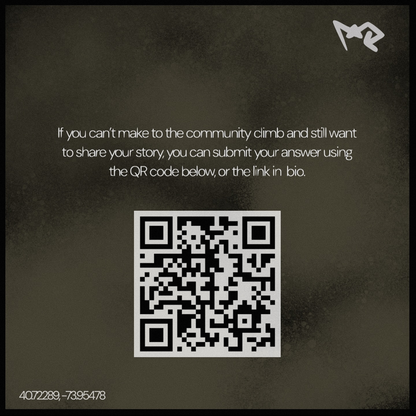 Informative graphic with a QR code for community climb story submissions against a textured brown backdrop with climbing-related text.