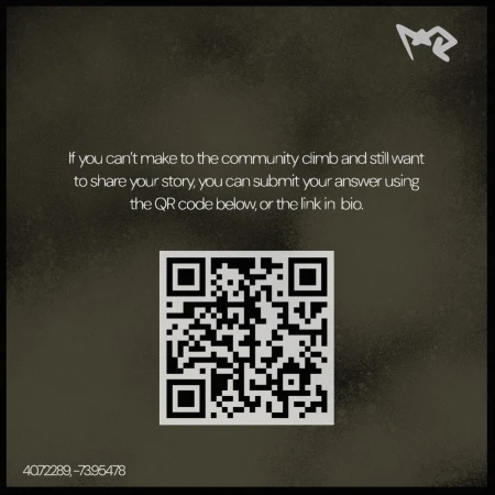 Informative graphic with a QR code for community climb story submissions against a textured brown backdrop with climbing-related text.