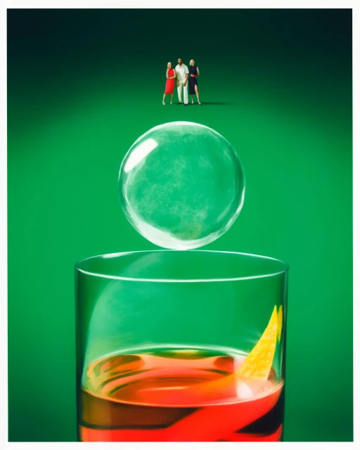 Conceptual image of a cocktail in a glass with a large bubble floating above it, and three people standing in the background.