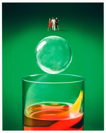 Conceptual image of a cocktail in a glass with a large bubble floating above it, and three people standing in the background.