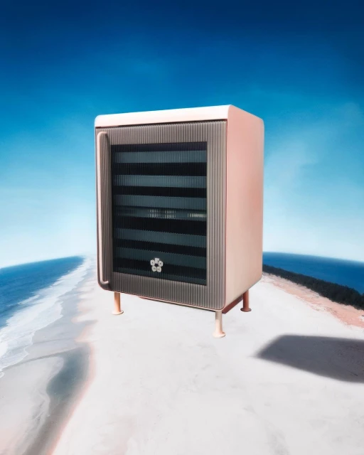 Surreal scene of a modern pink cabinet on a sandy beach under a clear blue sky, creating a juxtaposition of domestic and natural elements.