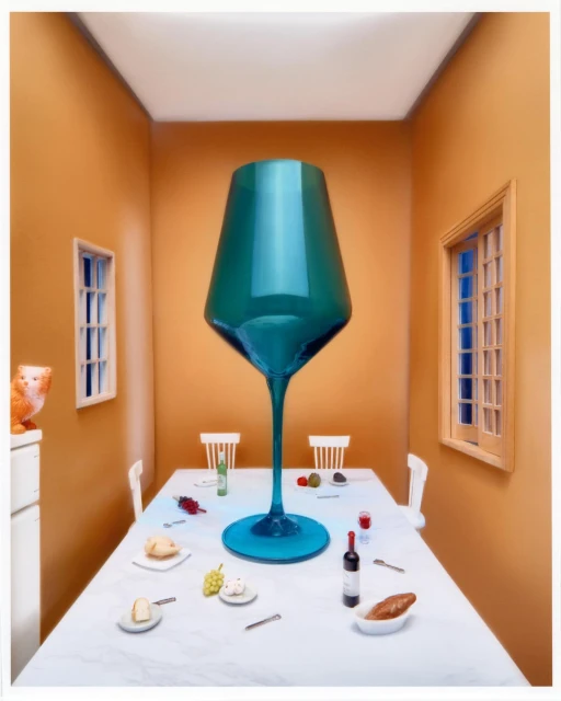 Oversized turquoise wine glass centerpiece on a table set with plates, wine, and food in room with orange walls and two windows.