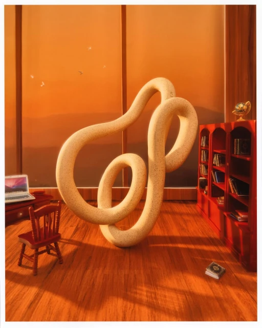 Abstract interior design showcases a large, beige, twisting sculpture on a wood floor, with a computer desk and bookshelf.