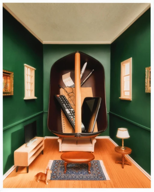 Interior scene featuring a small dog near a coffee table with a boat filled with a phone, remote, and glasses, set against green walls.