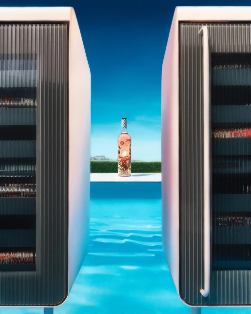 Bottle of liquor in the background between two structures, with a blue pool and sky, offering a refreshing and inviting visual.