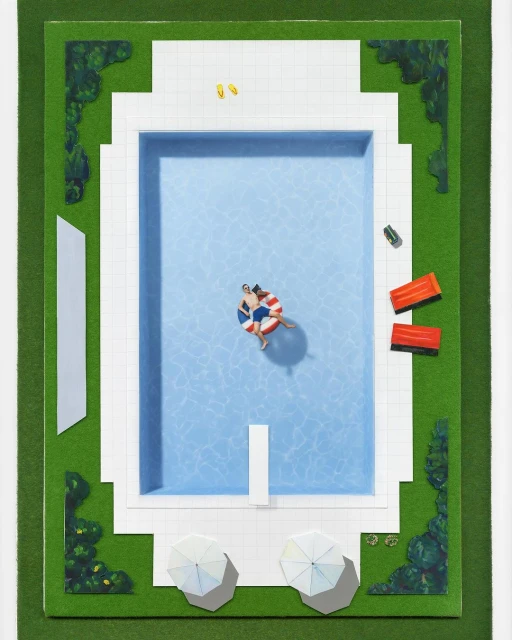 Aerial view of a couple floating on an inflatable in a swimming pool surrounded by green grass and white umbrellas on a sunny day.