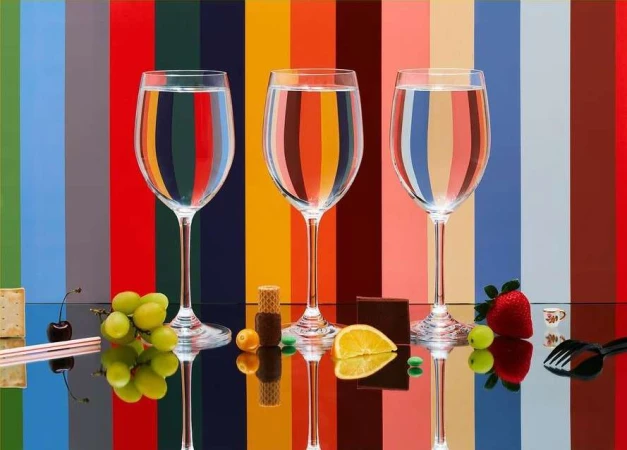Three glasses of water reflect colorful stripes, accompanied by grapes, lemon, cherry, strawberry and sweets on a glossy black surface.