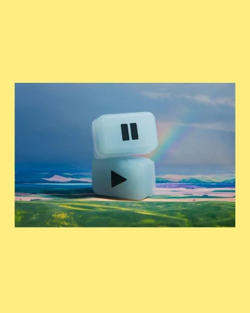 Abstract composition with translucent cubes displaying play and pause icons, set against a blurred landscape and pale yellow background.