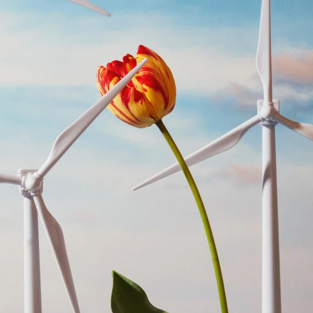 Striking composition of a vibrant tulip against a backdrop of wind turbines and a light blue sky with soft white clouds.