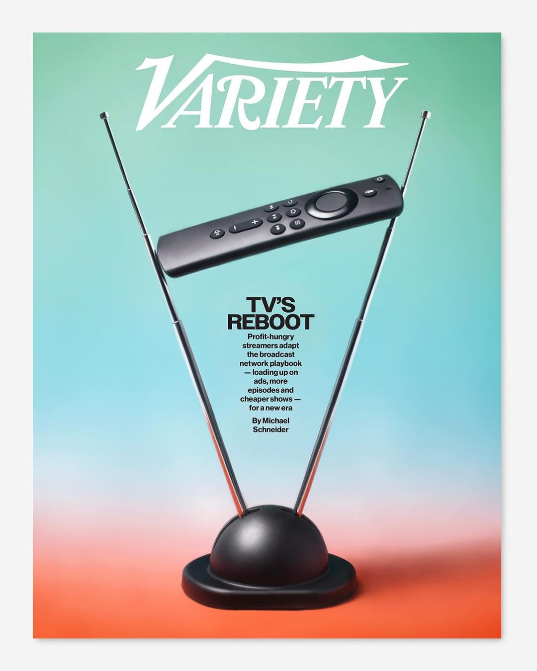 Variety magazine cover featuring a television antenna and a remote control against a gradient background of turquoise and orange.