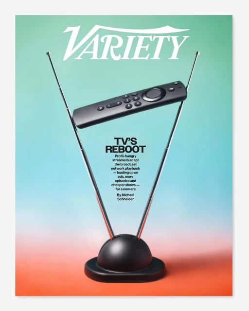 Variety magazine cover featuring a television antenna and a remote control against a gradient background of turquoise and orange.
