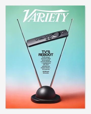Variety magazine cover featuring a television antenna and a remote control against a gradient background of turquoise and orange.