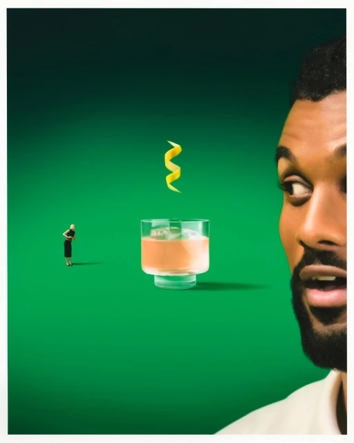 Eye-level shot featuring an adult male gazing at a cocktail with a lemon twist on a green backdrop, plus a miniature woman figurine.