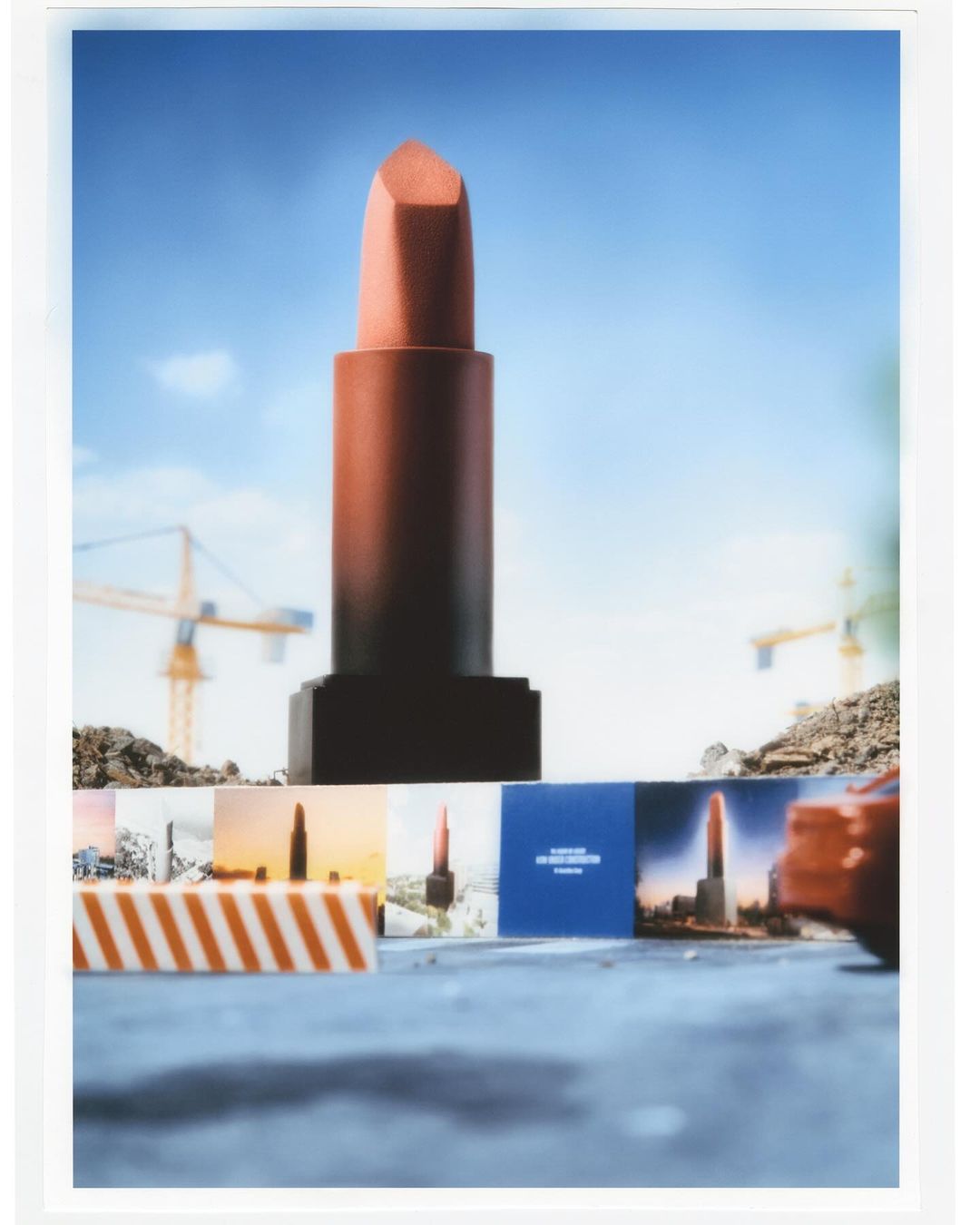 Close-up still life of peach-colored lipstick against a blue sky backdrop with construction cranes, plus cosmetics on a concrete surface.