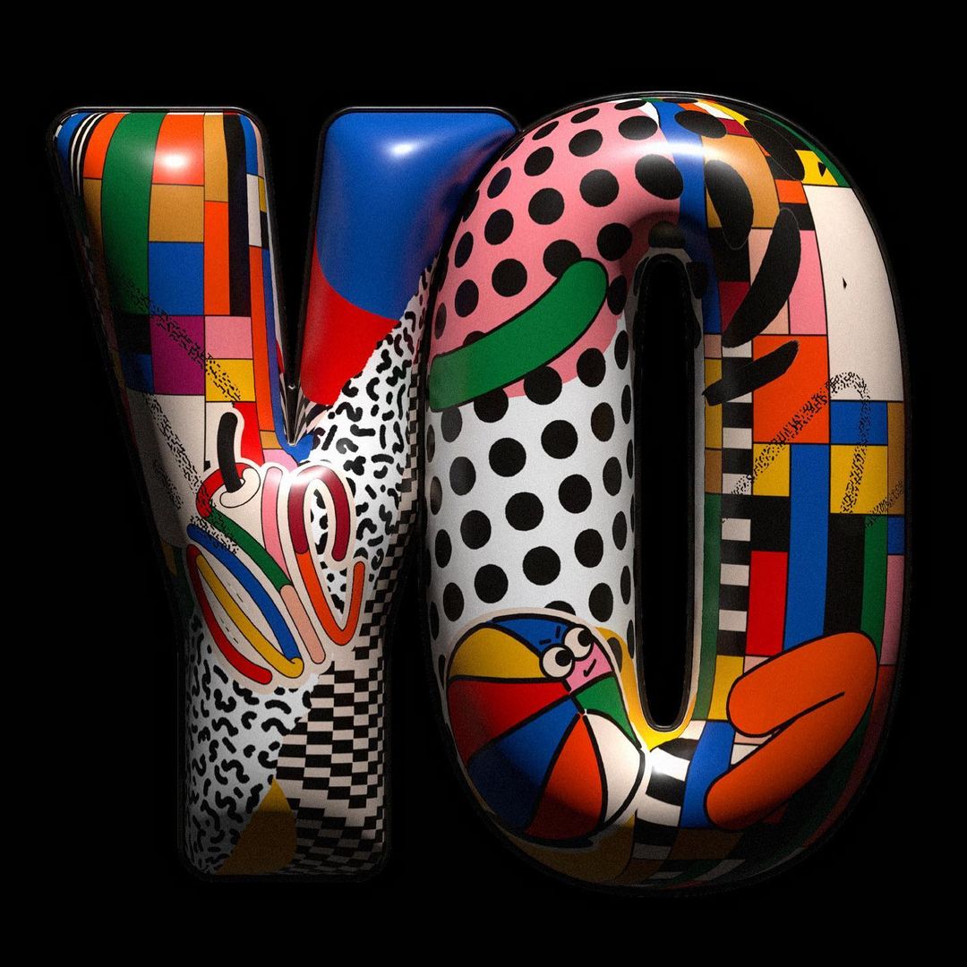 Pop-art-style 'YO' letters, glossy with geometric patterns and bright colors, stand against a black background in digital composition.