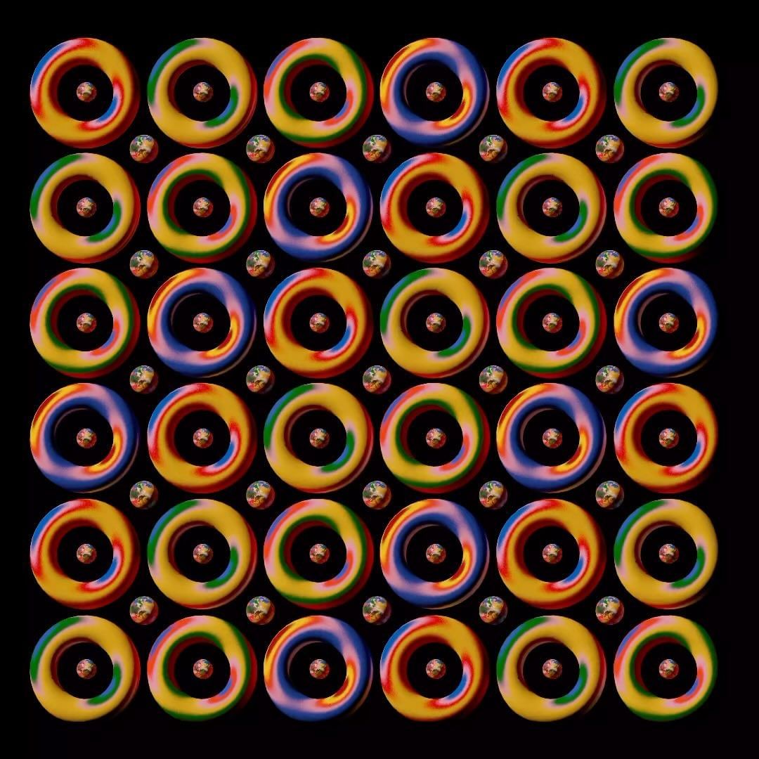 Overhead grid of circular abstract art with colorful swirl patterns and dark center, contrasted against a black background.
