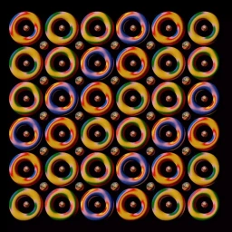 A symmetrical CGI grid of colorful torus shapes with glossy surfaces against a solid black background.