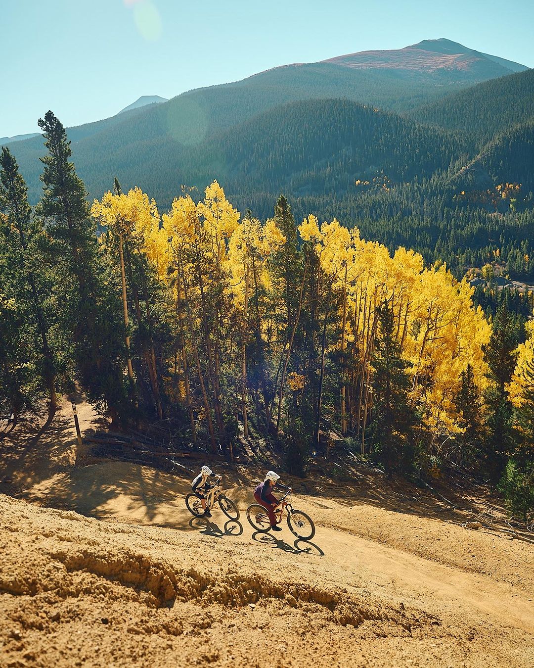 Two mountain bikers ride down a dirt trail on a sunny day with yellow trees and green mountains in the background under a clear blue sky.