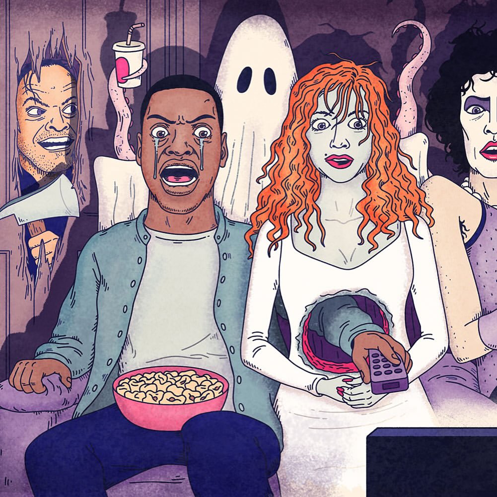 Cartoon illustration of four individuals watching a horror movie, with expressions of fright, humor, and shock in a dark room.