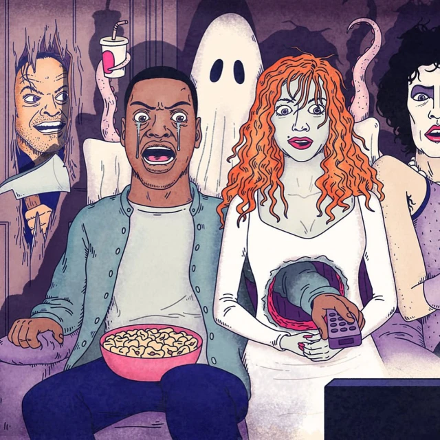 Cartoon illustration of four individuals watching a horror movie, with expressions of fright, humor, and shock in a dark room.