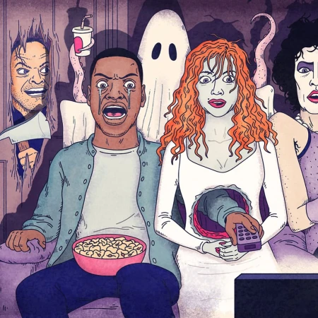 Cartoon illustration of four individuals watching a horror movie, with expressions of fright, humor, and shock in a dark room.