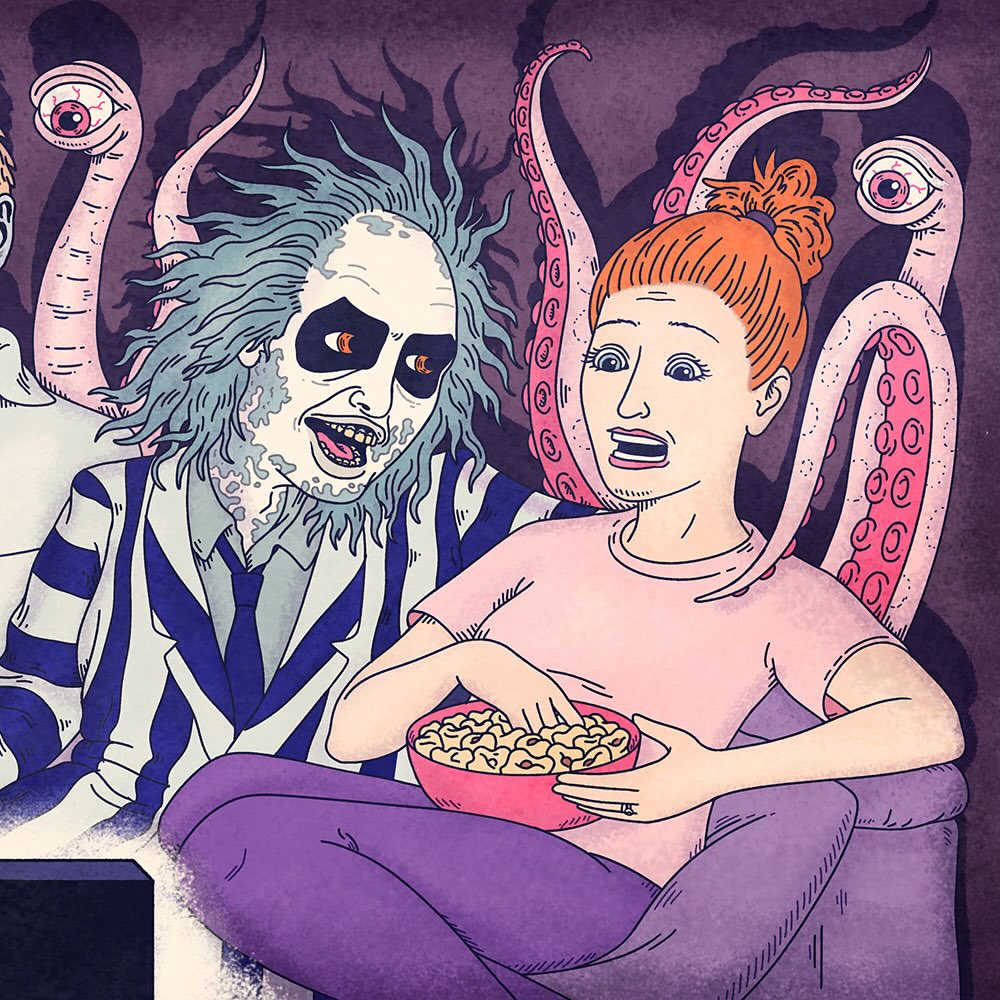 Illustration of a scary figure with wild hair and dark eyes sitting on a couch with a woman eating popcorn, with tentacled creatures behind them.