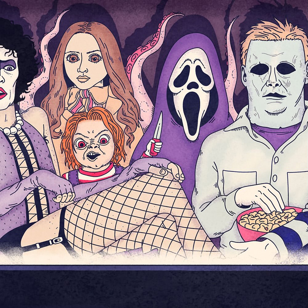 Illustration of horror movie characters including Michael Myers, Ghostface, Chucky, and Frank N Furter in purple, tan, and white tones.