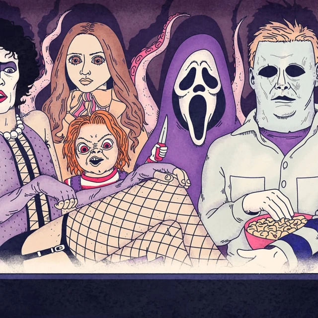 Illustration of horror movie characters including Michael Myers, Ghostface, Chucky, and Frank N Furter in purple, tan, and white tones.