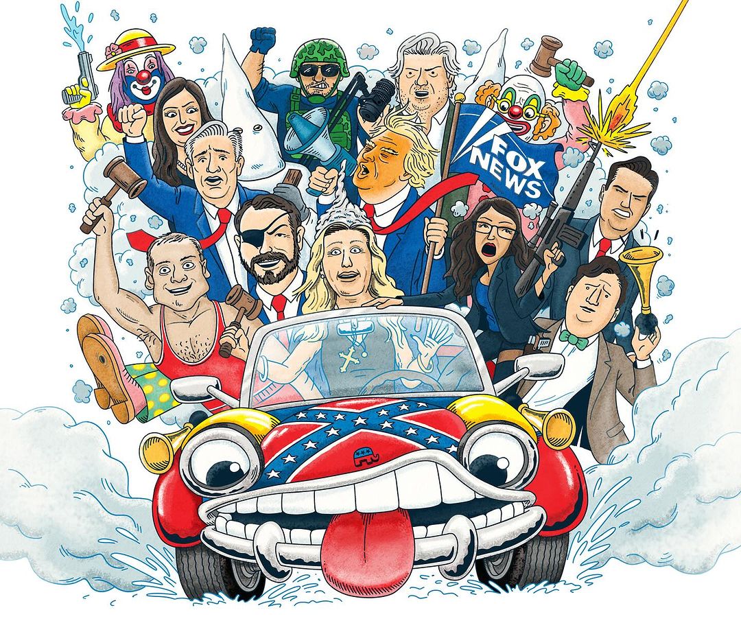 Political satire illustration features a car with a face, driven by figures resembling controversial political personalities, surrounded by smoke.