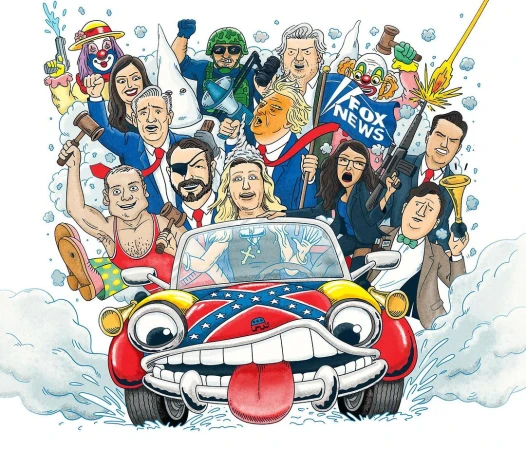 Political satire illustration features a car with a face, driven by figures resembling controversial political personalities, surrounded by smoke.
