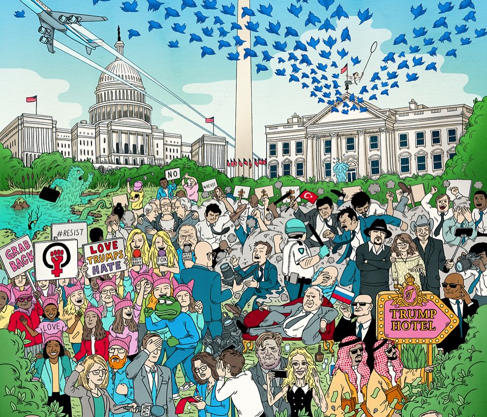 Artwork showing the US Capitol Building, White House, Washington Monument, protestors, and an airplane leaving contrails.