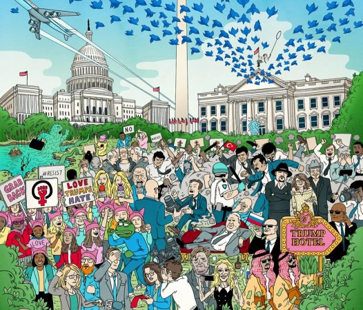 Artwork showing the US Capitol Building, White House, Washington Monument, protestors, and an airplane leaving contrails.